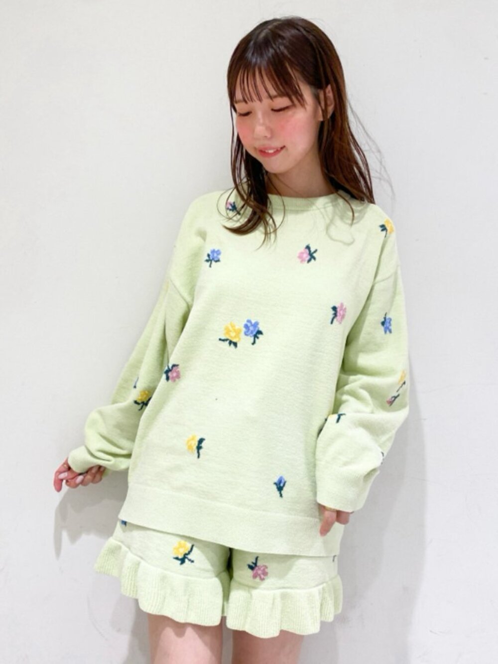 Gelato Pique Green Floral Terry Sweatshirt & Ruffle Shorts Loungewear One Size